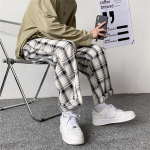 Plaid Pants Men Linens Korean Checked Trousers Male Streetwear Bottoms Summer Wide Leg Pants Harajuku Breathable
