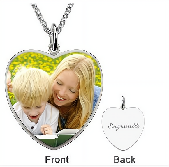 Sterling Silver Mom & Son Heart Necklace with Engraved Picture - Perfect Mother's Day Gift