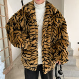 Faux Fur Coat For Men Turn-down Collar Tiger Leopard Imitate Fur Jacket Thick Winter Warm Fluffy Plush Loose Jumper Outwear