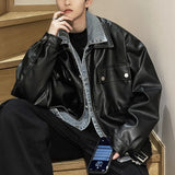 False Two-Piece Patchwork PU Leather Jacket Mens Street Trend Style Motorcycle All-Matching Leather Coat