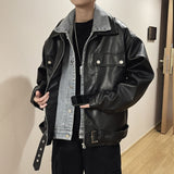 False Two-Piece Patchwork PU Leather Jacket Mens Street Trend Style Motorcycle All-Matching Leather Coat