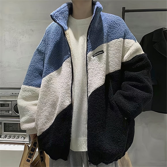 Polar Fleece Winter Casual Men Sweatshirt Harajuku Stitching Blue Zipper Keep Warm Long Sleeves Male Pullover