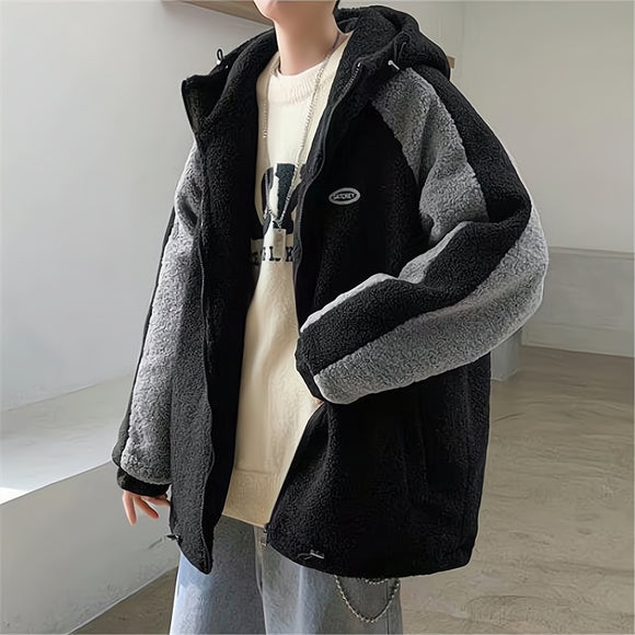 Wide Polar Fleece Coats for Men Autumn Winter Warm Lamb Wool Hooded Coat Patchwork Loose Wide Outerwear Male