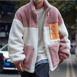 Padded Jacket for Men Chic Autumn Mens Polar Fleece Jackets Casual Color Patchwork Loose Zipper Coats