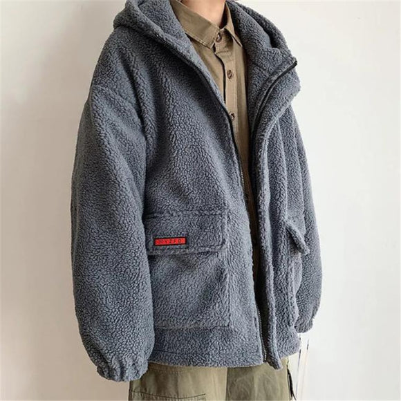 Lamb Wool Coats Men Hooded Tops Autumn Winter Warm Thicken Coat Loose Leisure Streetwear Plus Size Outerwear