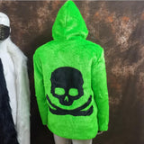 Mens Hooded Faux Fur Jackets Casual Skull Print Winter Autumn Leather Grass Overcoats Plus Size Coats