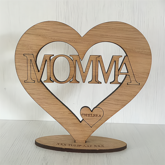 Engraved MOM Heart Wooden Name Sign - Perfect Personalized Mother Day Plaque Gift