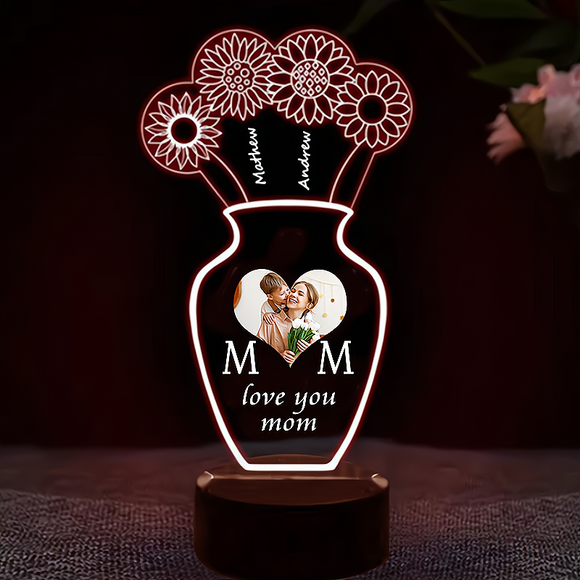 Customizable Acrylic Vase Night Light with Personalized Name and Photo - Ideal Mother's Day Present