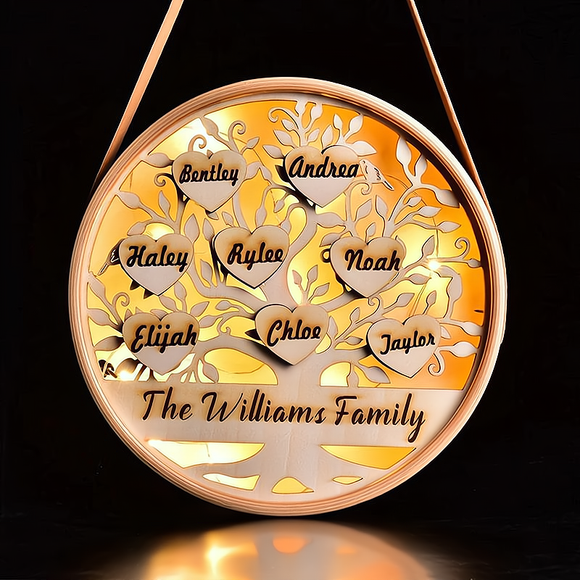 Custom Family Tree Round Wooden Night Light with Personalized Name - Perfect Decoration for Mom's Home