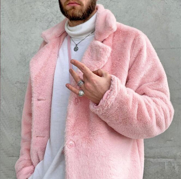 Pink Fleece Hoodie Jacket Mens Autumn Winter Warm Wool Hooded Coat For Men Casual Loose Long Sleeve Button-up Outerwear